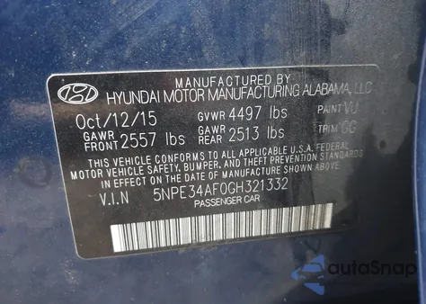 2016 Hyundai Sonata Sport z USA, uszkodzony, nr VIN 5NPE34AF0GH321332